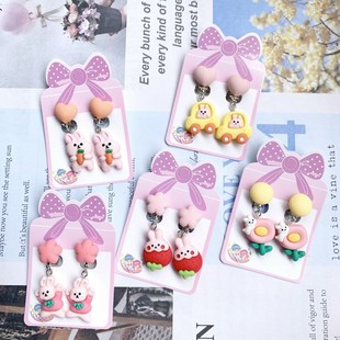 New Children's Cute Cartoon Rabbit Small Car Flower Pendant False Earrings Girl's Resin Cartoon Pain-proof Ear Clip