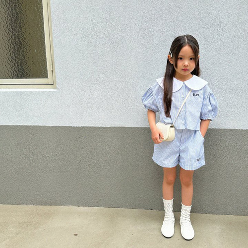 Korean summer girls' T-shirt  new striped letter lapel short-sleeved top cardigan girl baby children's clothing