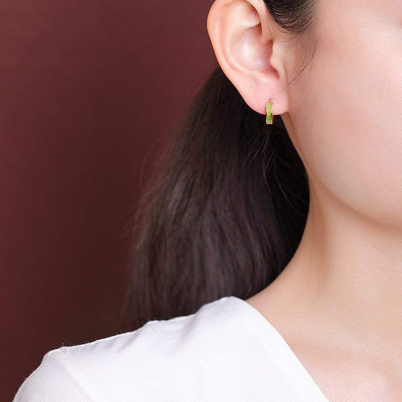 Bông tai ngọc bích Hetian tự nhiên bạc S925 mặt đá Jasper hình ống cong kiểu dáng giản dị — Mẫu bạc