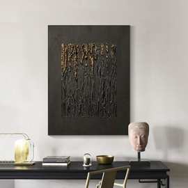 顺丰MB.手绘油画金箔画侘寂风抽象肌理画黑色客厅装饰画玄关立体