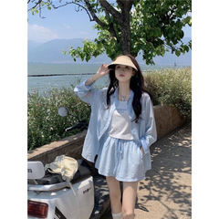韓国スーツ夏ルーズ日焼け止め長袖シャツレターキャミソール巾着カジュアルショーツ 3 点セット