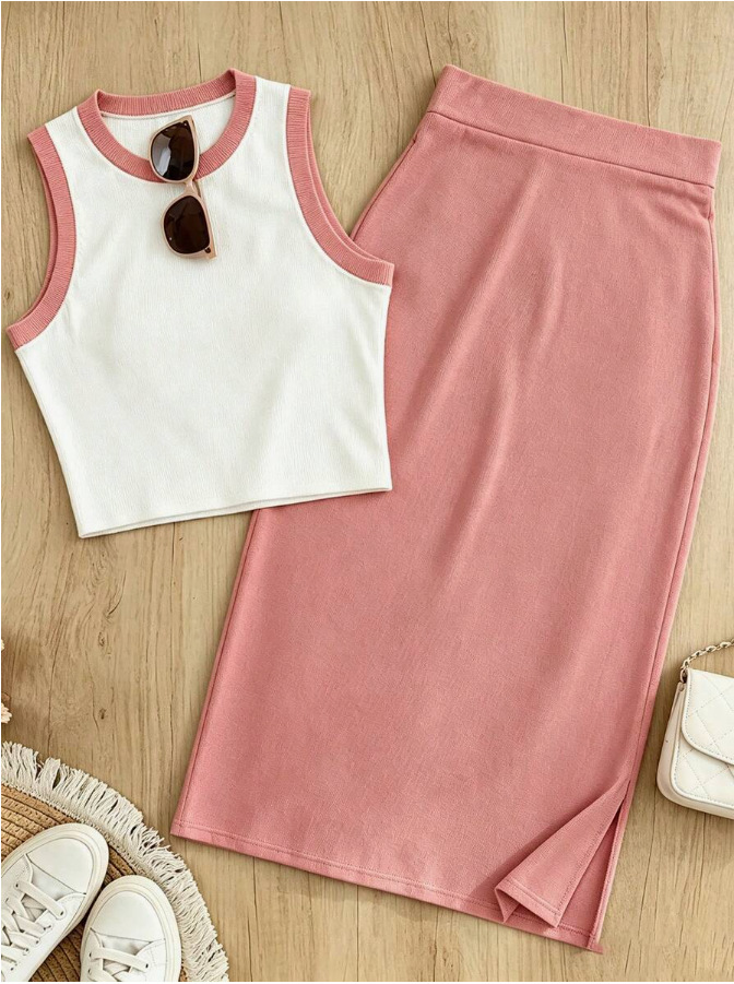 Blusa corta sin mangas de punto roscado para mujeres transfronterizas con traje de falda corta casual y elegante juego de dos piezas