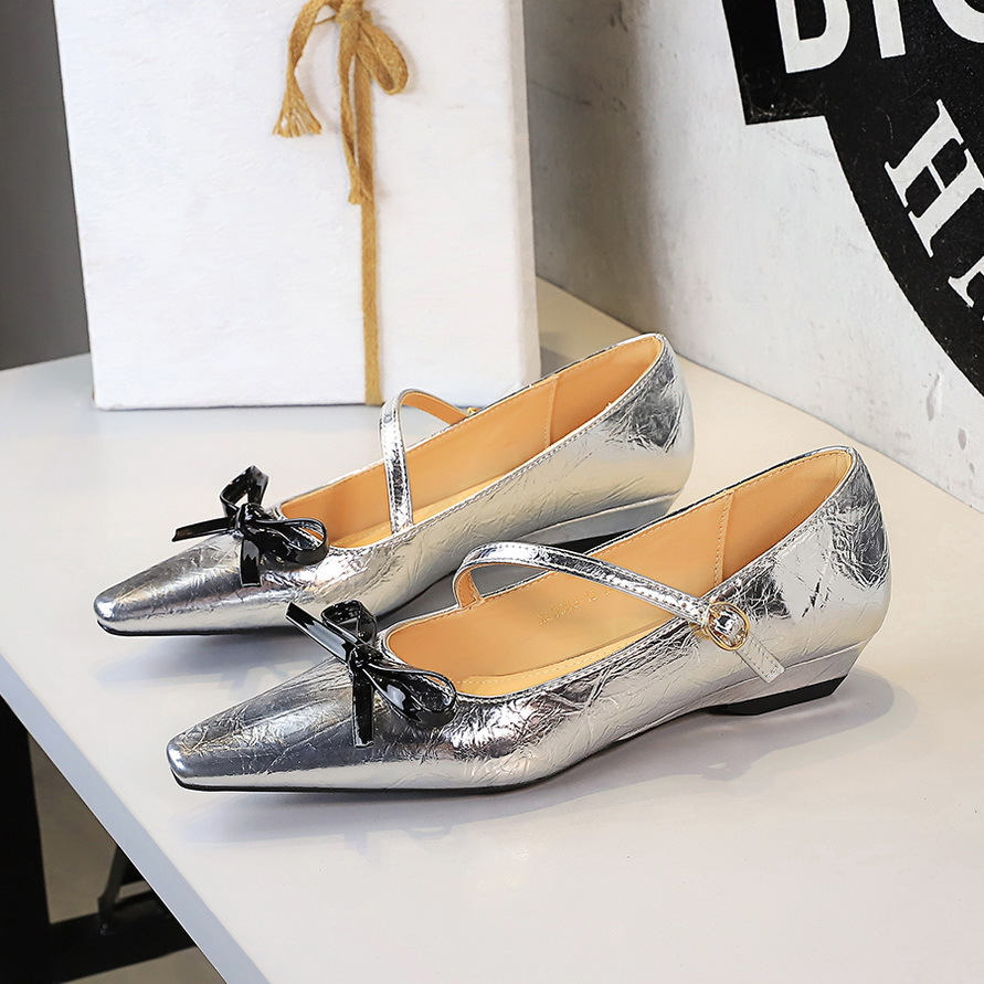 3683-2H81 European And American Style Pointed Toe Shallow Mouth One-Strap Women's With Bow Low Heel Comfortable Wedge_vogvips.com