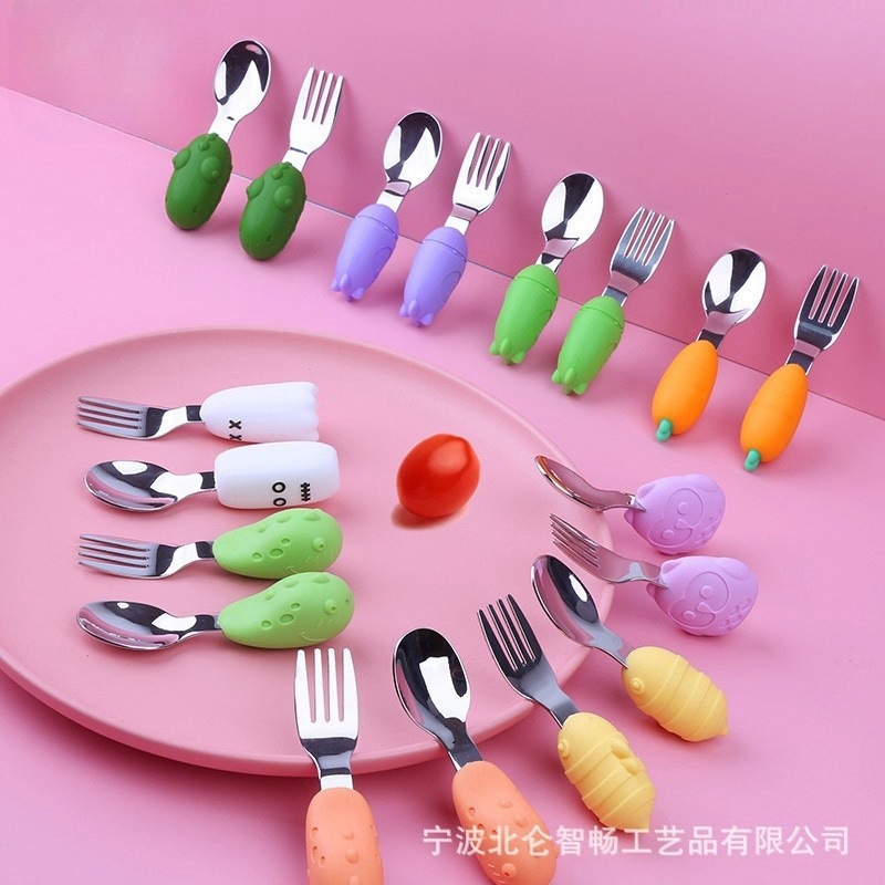 Baby Learning to Eat Training Spoon Short Handle Stainless Steel Fork Spoon Children's Food Supplemented Spoon 304/316 Stainless Steel