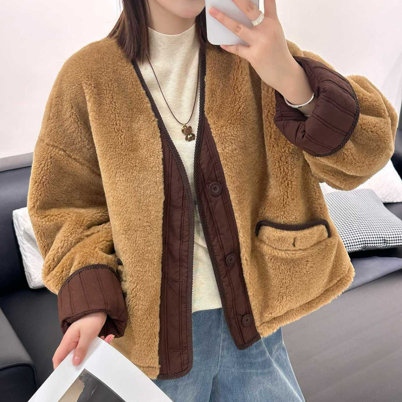[Limited Special Offer] Korean Environmentally Friendly Lamb Wool Double-Sided Wearable Short Jacket Casual Age-Reducing V Neck Top for Women