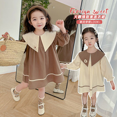 女童雙色學院風連衣裙2024春季新款洋氣時髦兒童女寶寶長袖公主裙