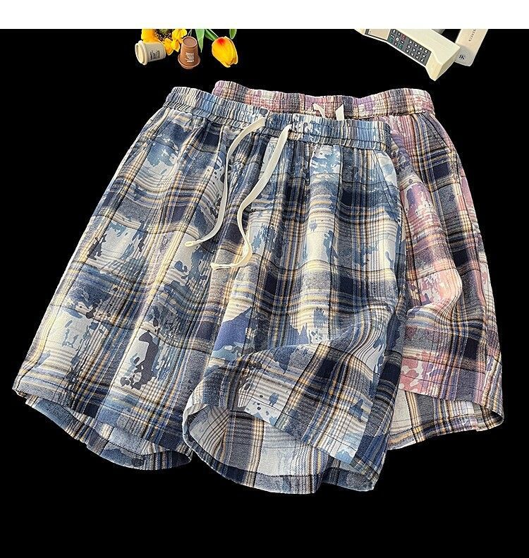 Men's And Women's Tie Dye Plaid High Waist Street Style Shorts Casual Retro Straight Five Point Beach Outerwear_viptrois.com