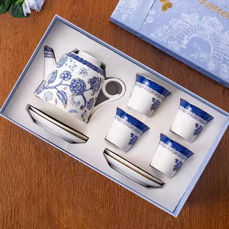 宫廷风轻奢描金花草茶具套装蓝色花园金光茶壶咖啡杯碟一壶四杯碟