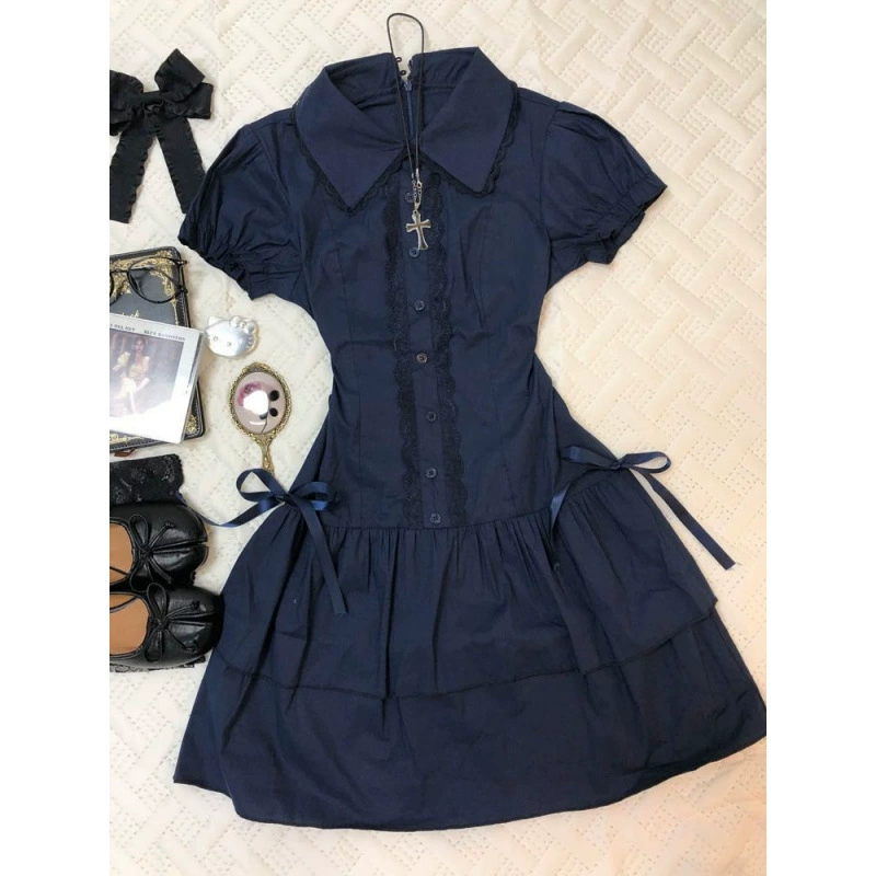 Винтажное ретро платье в стиле преппи с кружевными вставками, синее ретро платье-рубашка, винтажная короткая юбка