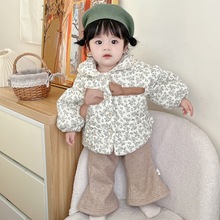 女童冬季套装洋气小女孩碎花加厚棉服婴儿冬装加绒百搭保暖喇叭裤