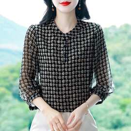 2026夏装新品杭州高端大牌真丝衬衫女士七分袖碎花小衫桑蚕丝上衣