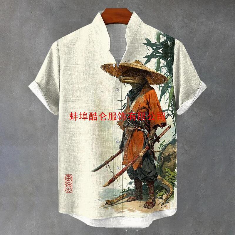Summer Fashion Hawaiian Beach Warrior Printed Men's Collar Shirt Bamboo Linen Casual Large Size Men's Short Sleeve