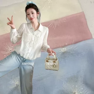 厂家直销现货春夏新款爆款立体烟花绣亮珠片褶皱衬衫女装裙子面料