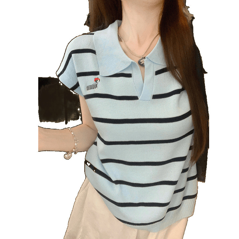 グレーポロカラーアイスシルクニット右肩半袖Tシャツ女性用2025初夏着用小さなフライングスリーブデザイントップ|undefined