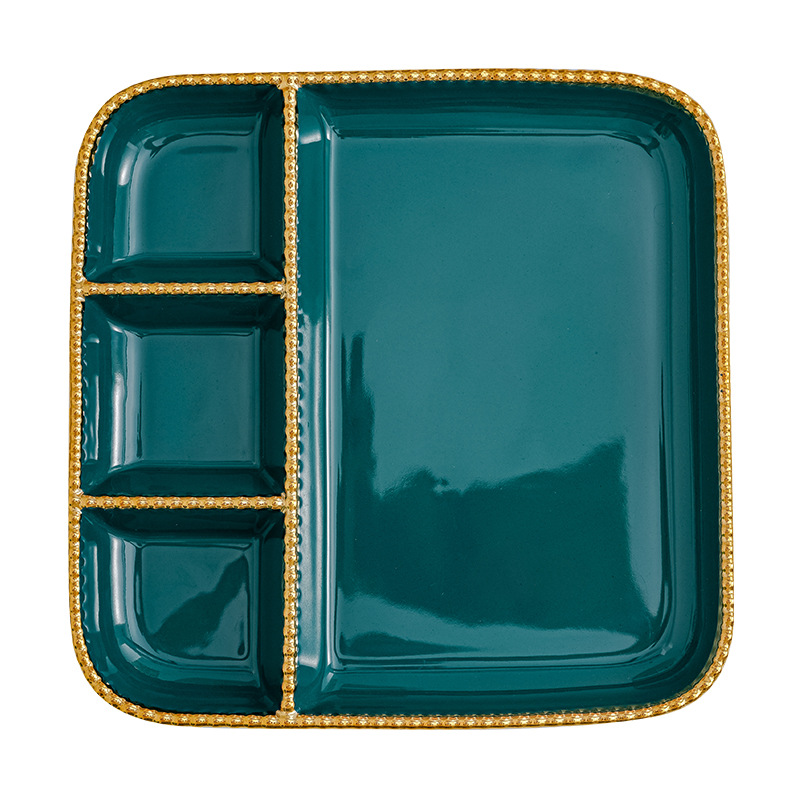 Estilo ins borde dorado con plato de vinagre Placa de dumpling hogar plato de merienda de tres rejillas de cerámica para una persona plato de desayuno de rejilla creativa