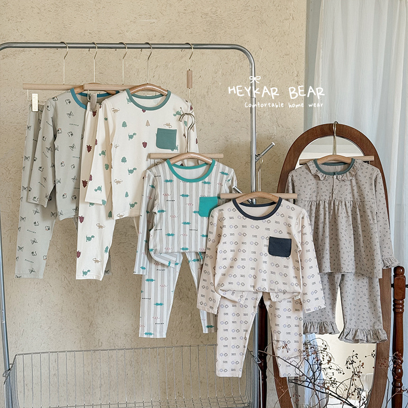 Black Bear Modal Cotton Children's Pajamas Homewear Set 2025 Autumn/Winter New Lace Trim Top and Bottom Set