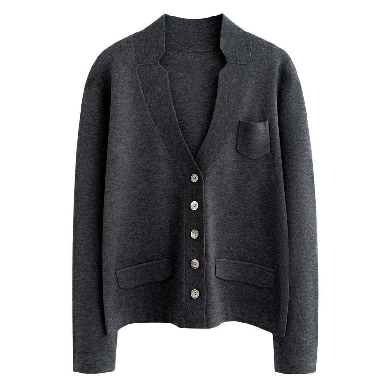 2025 Spring and Summer New Arrival Worsted Wool V-Neck Knitted Cardigan Small Suit Solid Color Loose Top Jacket with Pocket