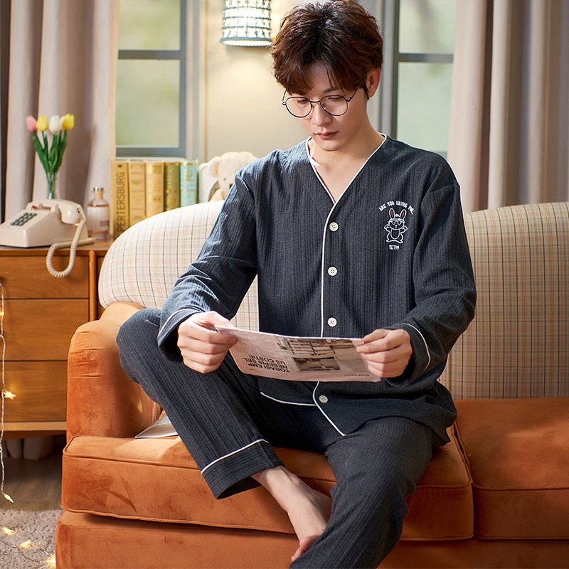 Jiao caimeng pijamas de hombre Verano de algodón primavera y otoño cardigan manga larga 2022 nuevos hombres ropa de hogar simple