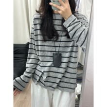 秋冬季磨毛加厚条纹撞色毛衣女休闲内搭打底衫时尚慵懒风长袖上衣