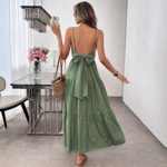 欧美外贸女装2025露背吊带蛋糕长裙系带大蝴蝶结收腰大摆连衣裙