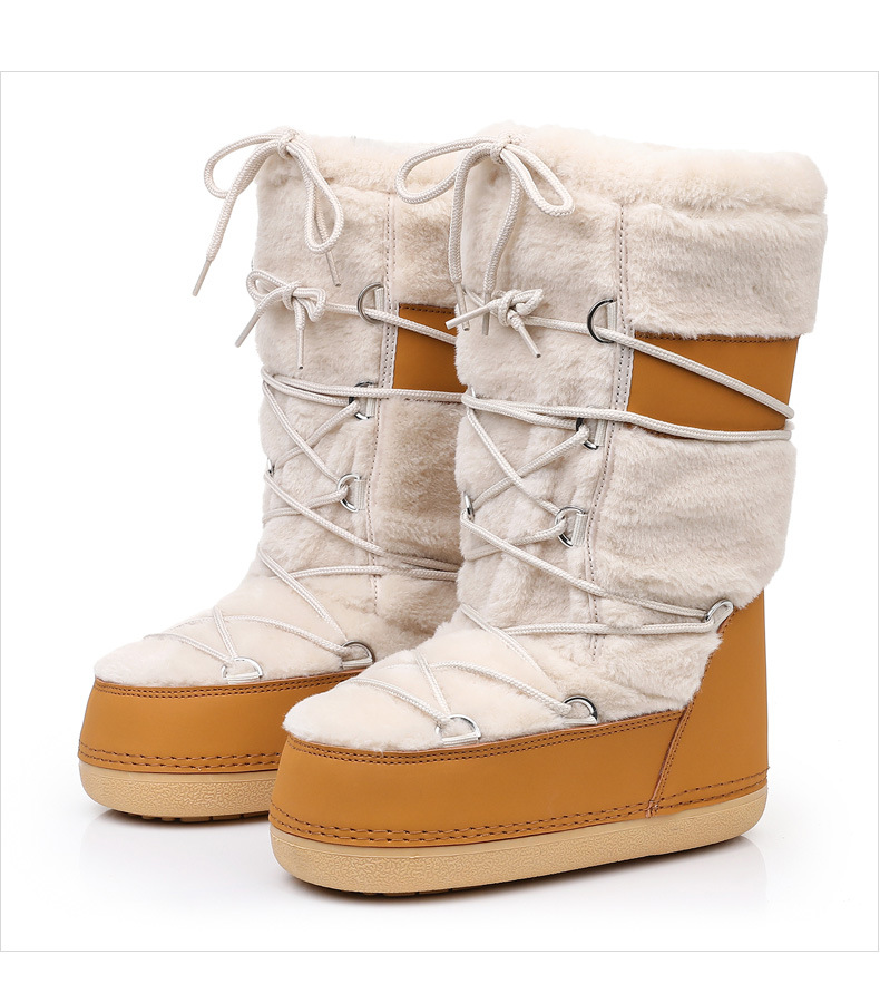 Scarpe da donna Stivali da sci spessi Stivali da neve alti in pelliccia di agnello con cuciture in pelliccia_voghion.com