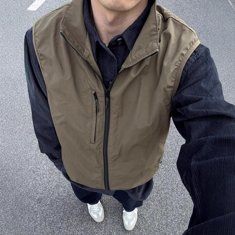 Olive Shirt Layered with Vest Jacket Trendy Brand High-End Waistcoat Men's Spring and Summer Cleanfit Relaxed Jacket