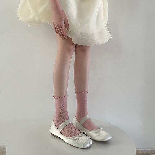 夏季堆堆袜子女薄款日系jk纯色镂空网眼透气lolita可爱卷边花边袜