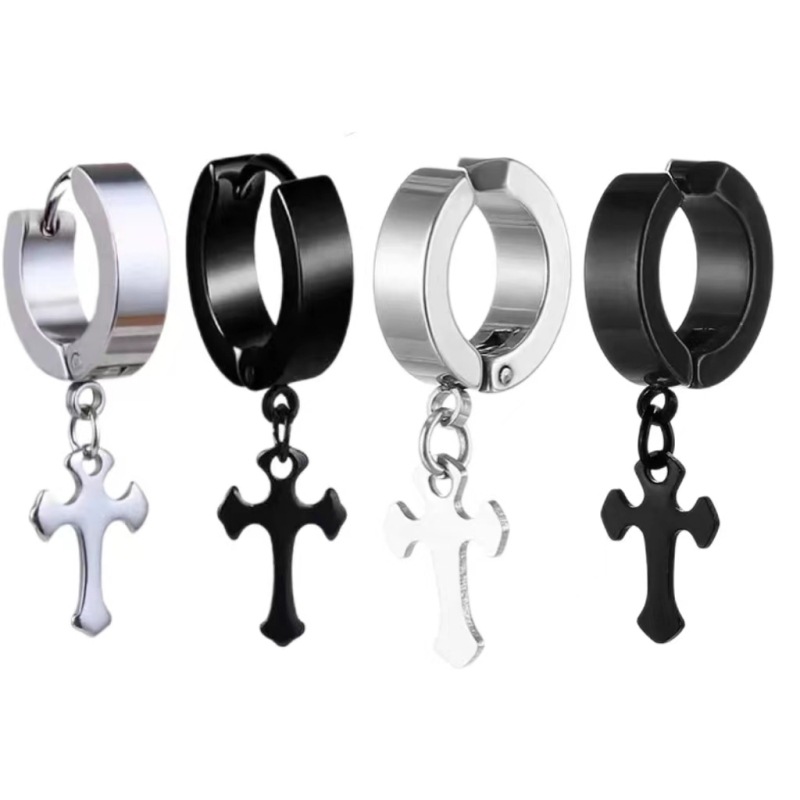 亚马逊电商优品耳骨扣手抛十字架耳扣钛钢朋克耳钉不锈钢潮男耳环