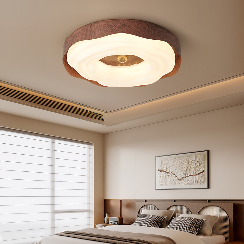 Lámpara de techo de dormitorio, galleta de grano de madera de nogal de estilo antiguo, personalidad creativa, lámpara de dormitorio principal de estilo crema, lámpara de habitación de bola colgante