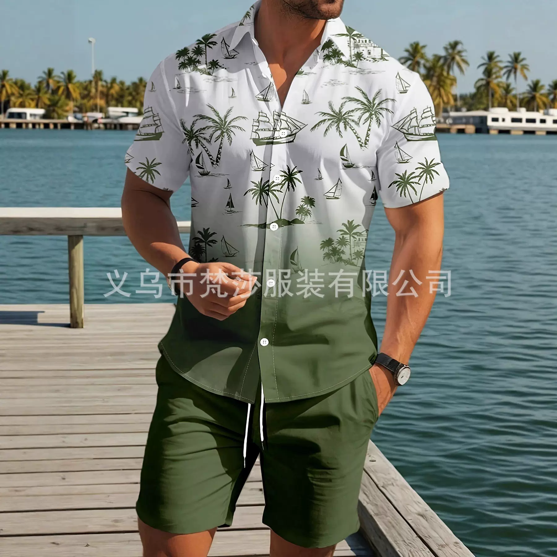 欧美外贸男士速干透气椰树印花短袖短裤衬衫套装海滩度假必备