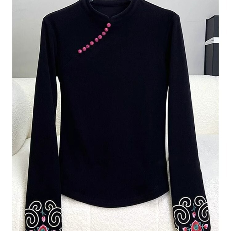 New Chinese Style Women's Clothing Chic Pretty Shirt 2023 Winter New Style Cuff Stitching National Style Button Blouse