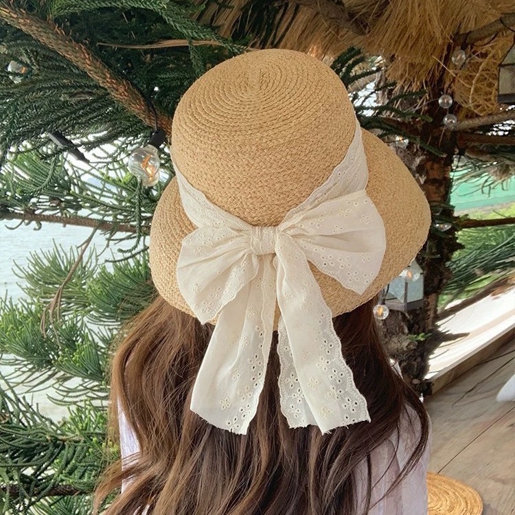 Hepburn Style Raffia Straw Hat For Beach Sun Protection Women_voghion.com