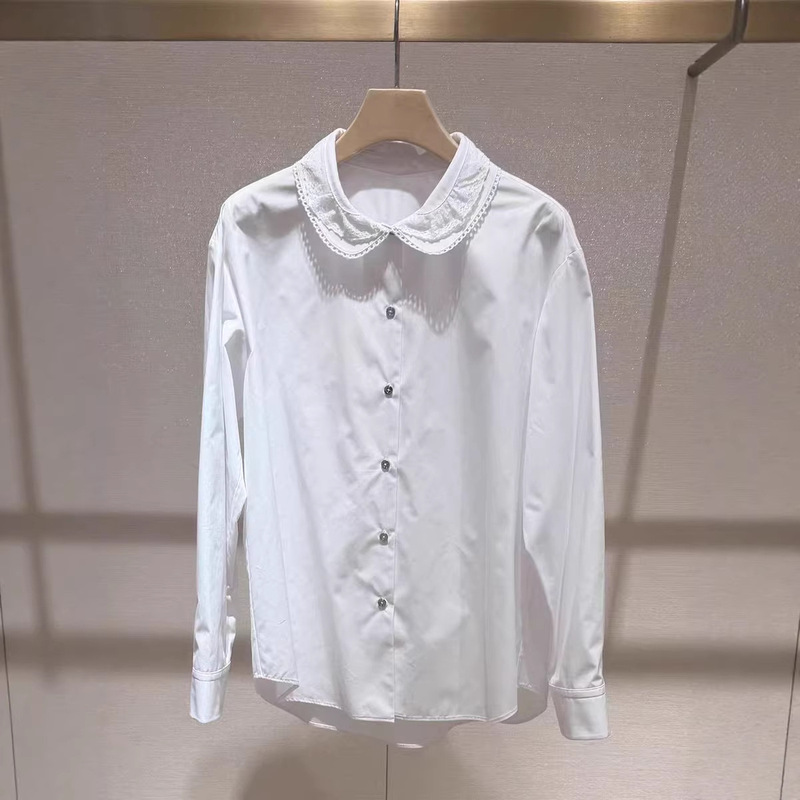 Sweet Style White Shirt for Girls, 2026 Spring Luxury Youthful Unique Lace Trim Doll Collar Blouse Top Sweet Style White Shirt for Girls, 2026 Spring Luxury Youthful Unique Lace Trim Doll Collar Blouse Top