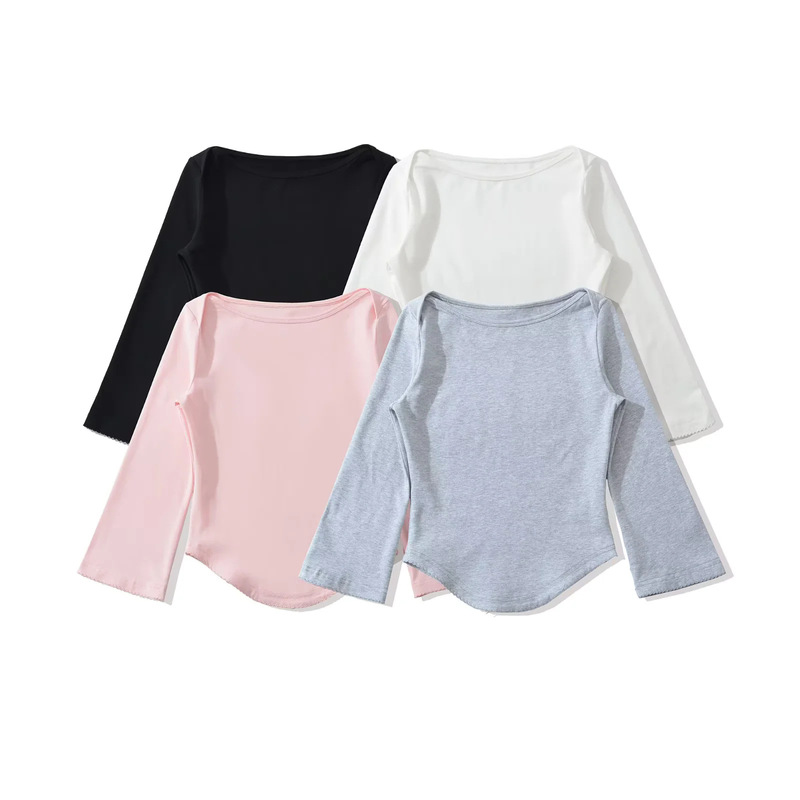 White Three-Quarter Sleeve Top T-Shirt for Women, Summer Off-Shoulder Boat Neck Short Style with Lace Design, Black Vintage Bell Sleeves