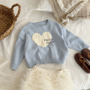 Autumn children's solid color sweater, long-sleeve with a round collar, with embroidery