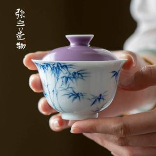 弥言创意混搭纯手绘竹子盖碗手工陶瓷茶碗茶杯功夫带盖茶具套装