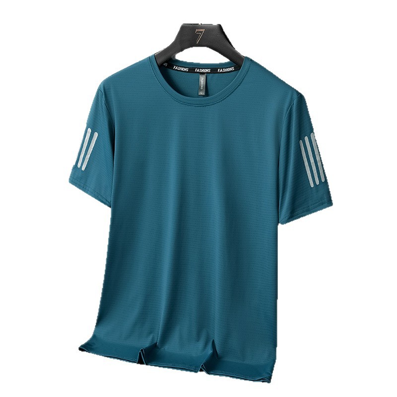 Camiseta transfronteriza de tres barras para hombre de gran tamaño de seda de hielo de manga corta verano delgado transpirable deportivo de secado rápido de media manga superior para correr