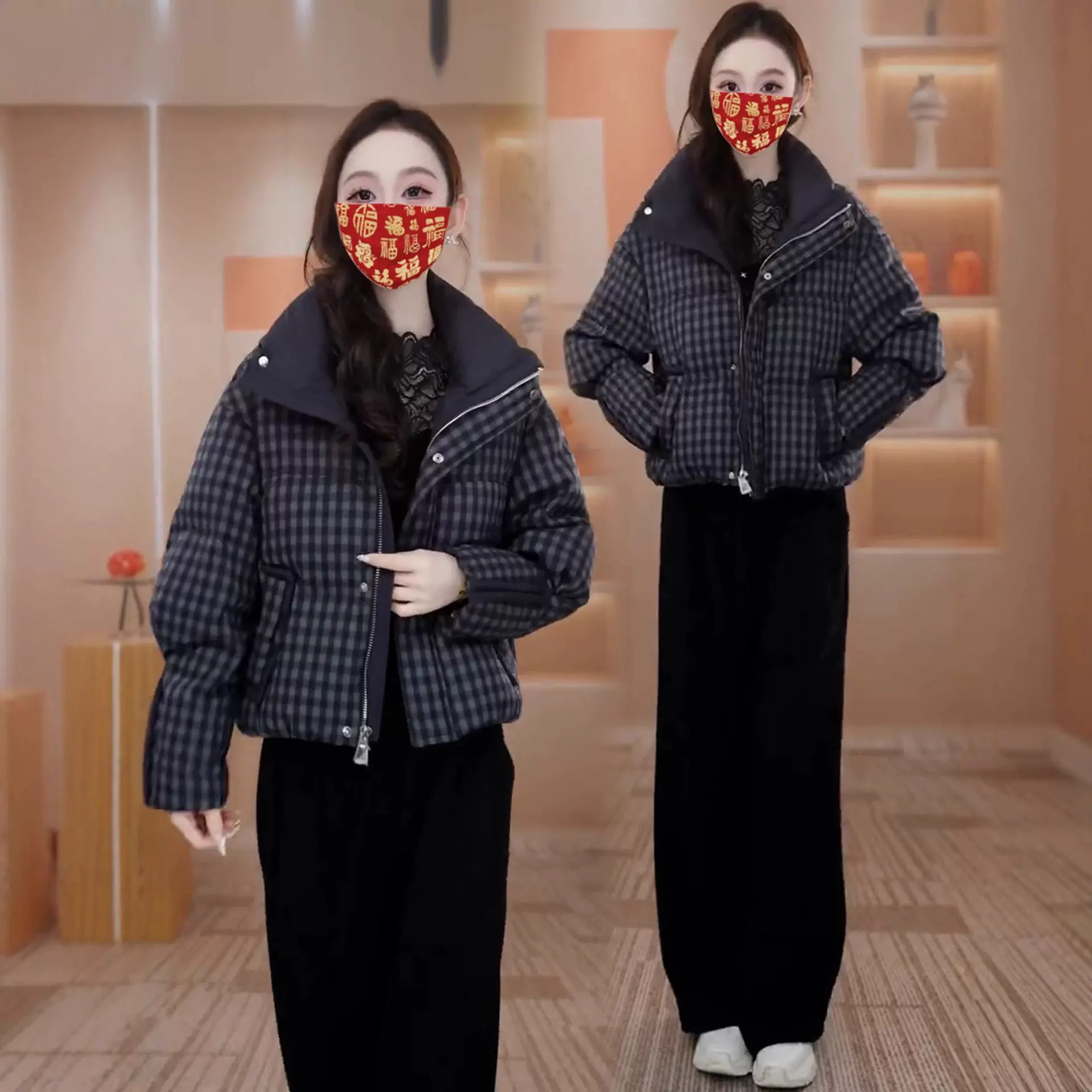 洋气格子立领羽绒棉服女2025冬季新款加厚宽松棉衣棉袄外套面包服