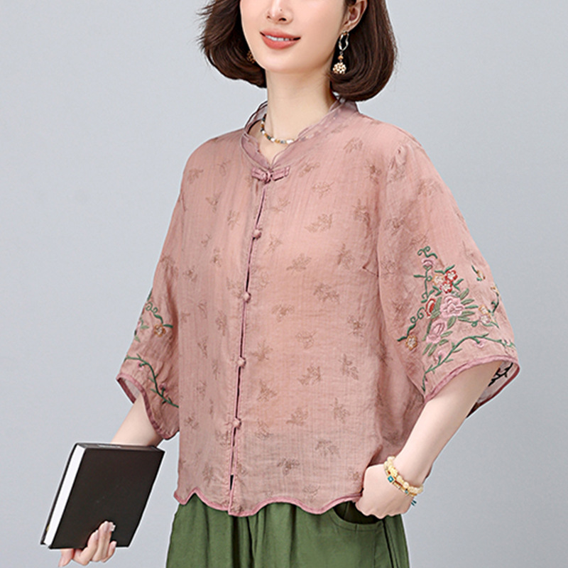 New Chinese Style National Style Embroidered Shirt Women's 2025 Summer New Half Sleeve Buckle Casual Full Ramie Half Sleeve Top
