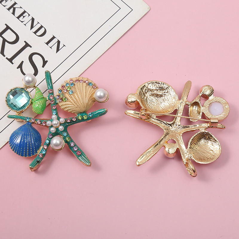 Retro Starfish Ocean Shell Imitation Pearl Rhinestone Metal Enamel Unisex Brooches display picture 1