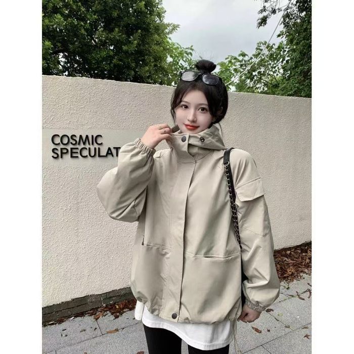 美式复古连帽冲锋衣外套女春秋季设计感休闲宽松工装夹克开衫上衣|undefined