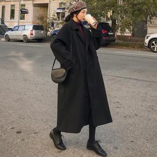 Hepburn Style Woolen Coat European Over-the-knee Mid-length Korean Style Student Loose Mori Thickened Black Woolen Coat