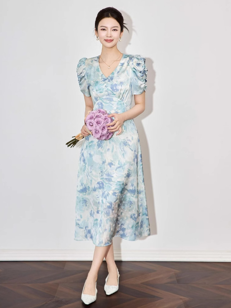 Đầm maxi nữ thắt eo chất liệu jacquard in họa tiết cao cấp — Màu xanh lam