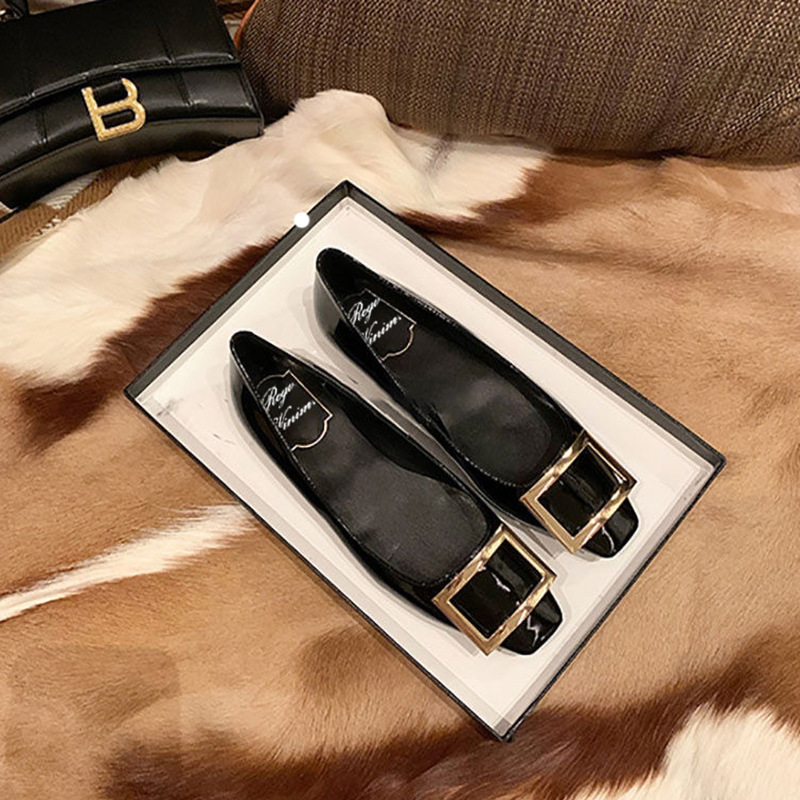 rv flat shoes women's 2024 new square toe thick heel leather bridesmaid shoes commuter work square buckle wedding shoes women