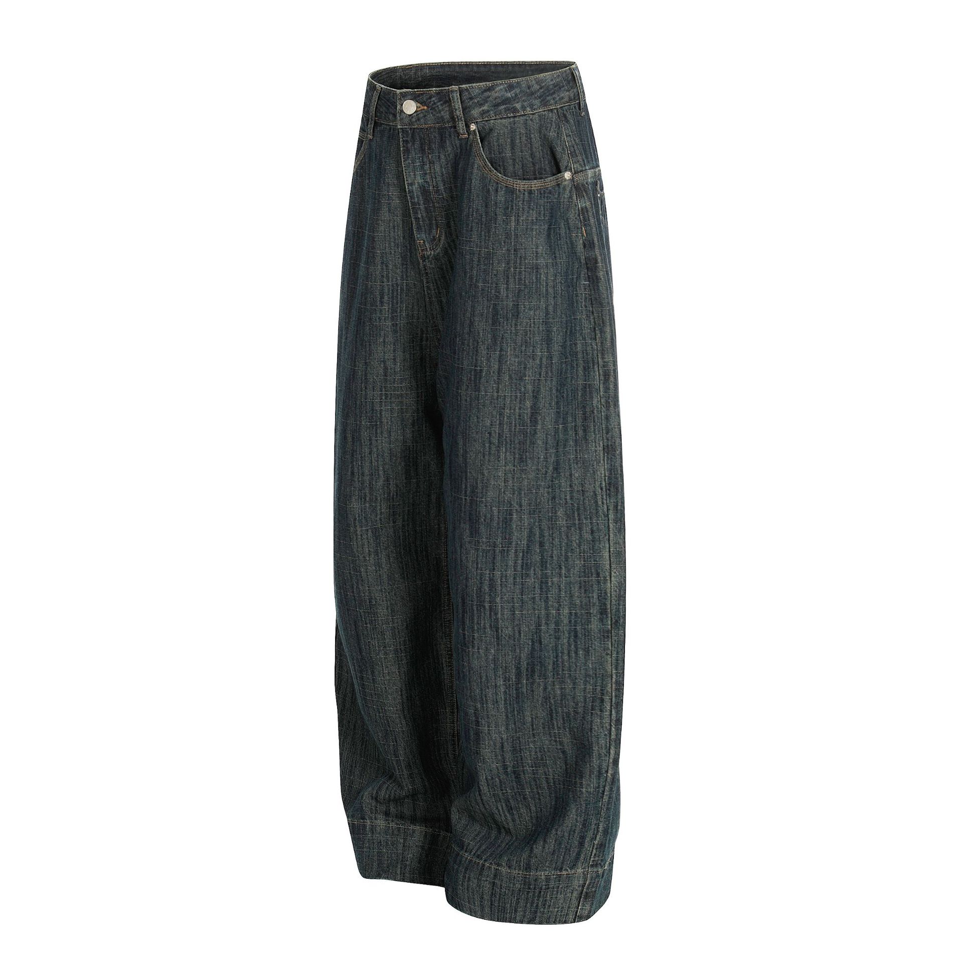 Men's Vintage High Street Distressed Striped Loose Fit Button Fly Jeans Washed Denim Casual Streetwear_voghion.com