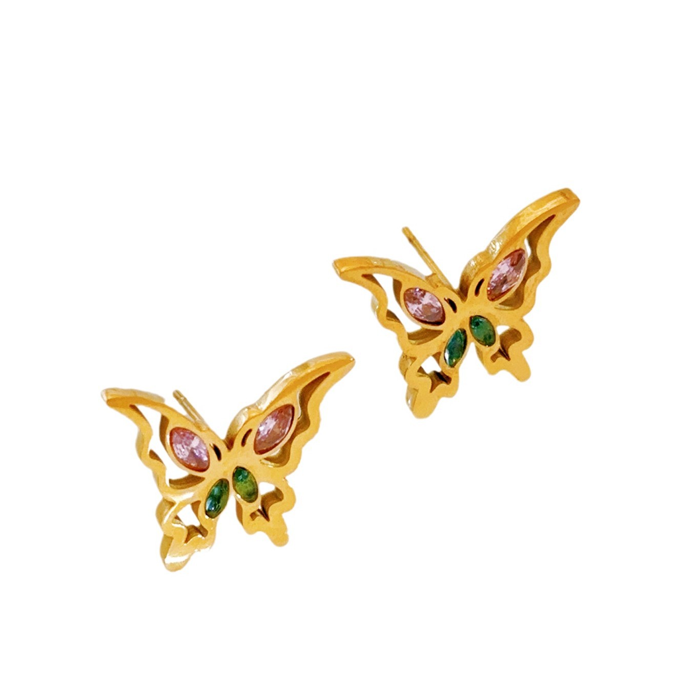 Zircon, diamante de color, mariposa, acero de titanio, pendientes, mujeres, estilo de lujo ligero europeo y americano, temperamento dorado, moda, no se desvanece, joyería de estilo frío