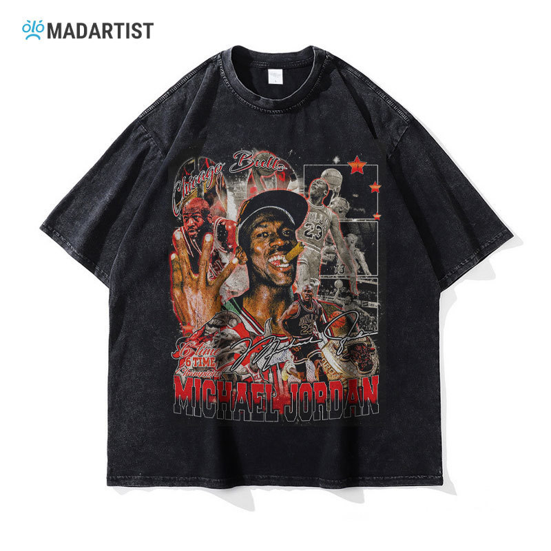Madartist Michael Jordan T-Shirt Basketball Star Washed Old American Retro Hip-Hop Printed Short-Sleeved Men
