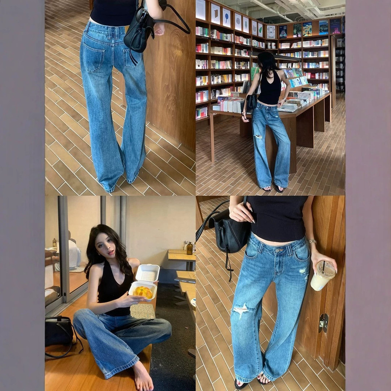 Summer Thin American Retro Ripped Wide-Leg Denim Pants 2026 New Versatile Casual Straight High-Waisted Long Pants Summer Thin American Retro Ripped Wide-Leg Denim Pants 2026 New Versatile Casual Straight High-Waisted Long Pants