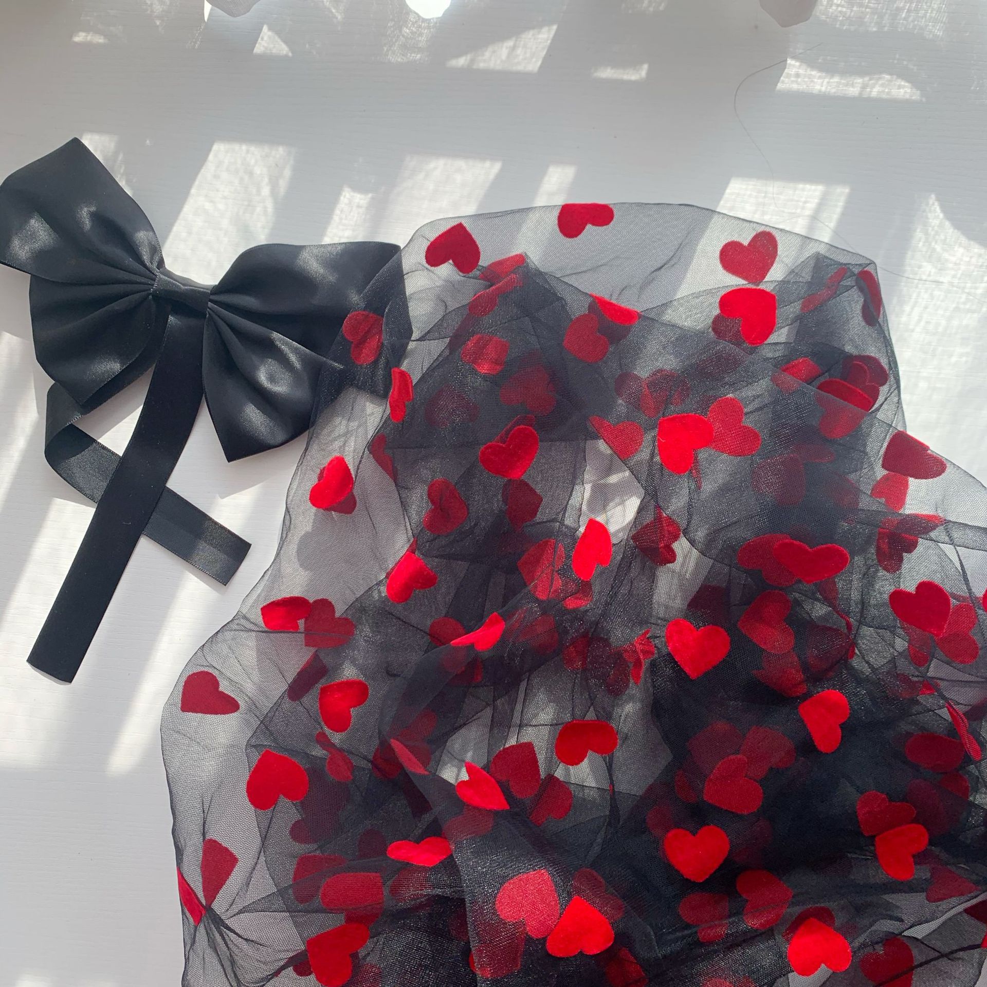 Diamante malla flocado melocotón corazón amor hilo de flocado ropa para niños Hanfu Lolita mantel tela en stock suministro directo