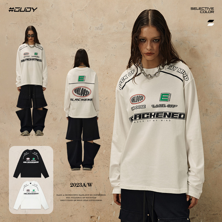 # OVDY Otoño Nueva marca de moda Americana original de los hombres y las mujeres de la misma motocicleta estilo impreso suelta cuello redondo manga larga moda